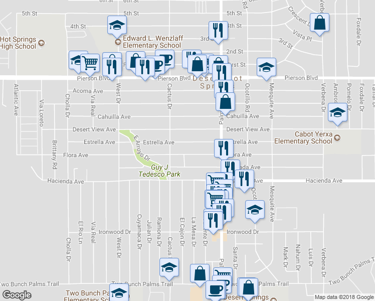 map of restaurants, bars, coffee shops, grocery stores, and more near 66366 Estrella Avenue in Desert Hot Springs