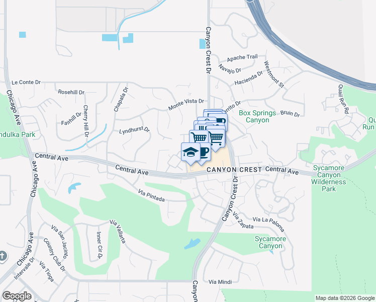map of restaurants, bars, coffee shops, grocery stores, and more near 5203 El Cerrito Drive in Riverside