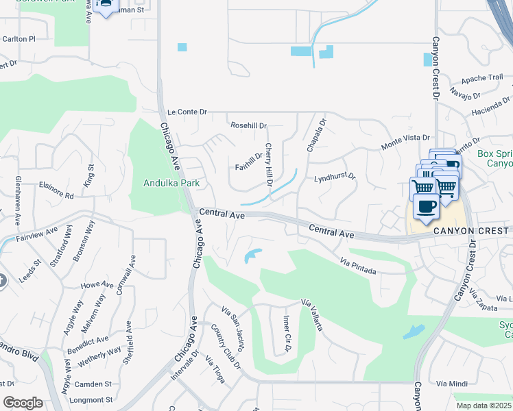 map of restaurants, bars, coffee shops, grocery stores, and more near 1408 Cedarhill Drive in Riverside