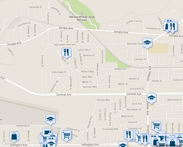 map of restaurants, bars, coffee shops, grocery stores, and more near 5744 Wisteria Drive in Riverside