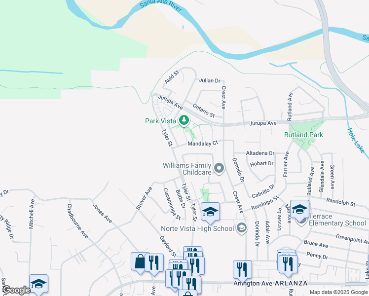 map of restaurants, bars, coffee shops, grocery stores, and more near 7018 Idyllwild Lane in Riverside