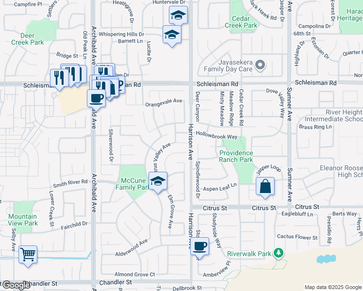 map of restaurants, bars, coffee shops, grocery stores, and more near 13813 Champion Way in Corona