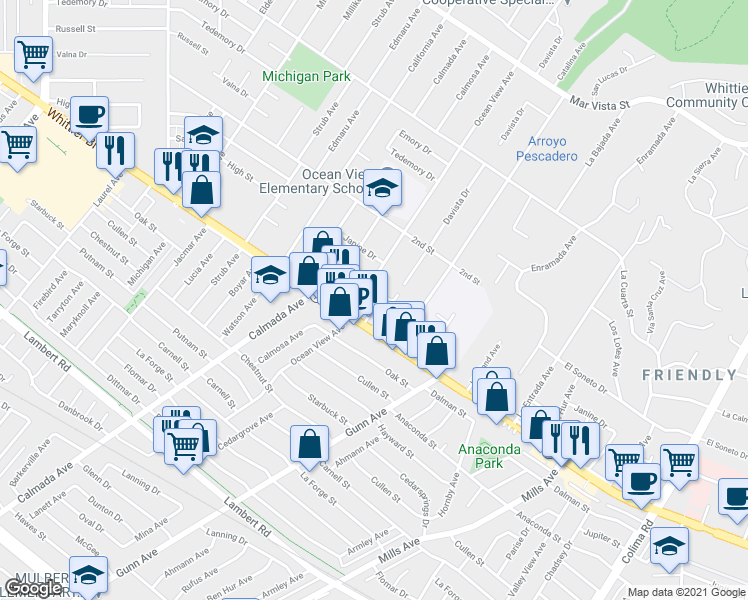 map of restaurants, bars, coffee shops, grocery stores, and more near 8708 Ocean View Avenue in Whittier