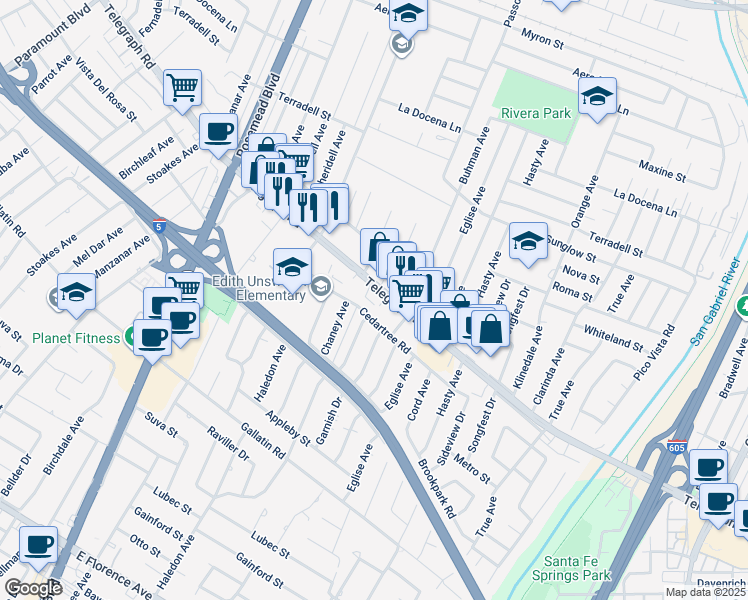 map of restaurants, bars, coffee shops, grocery stores, and more near 9330 Telegraph Road in Downey