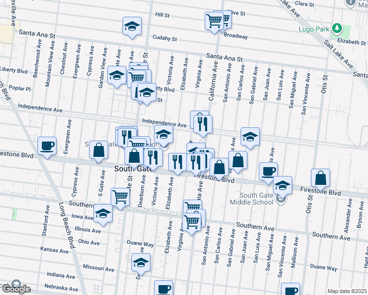 map of restaurants, bars, coffee shops, grocery stores, and more near 8615 Virginia Avenue in South Gate