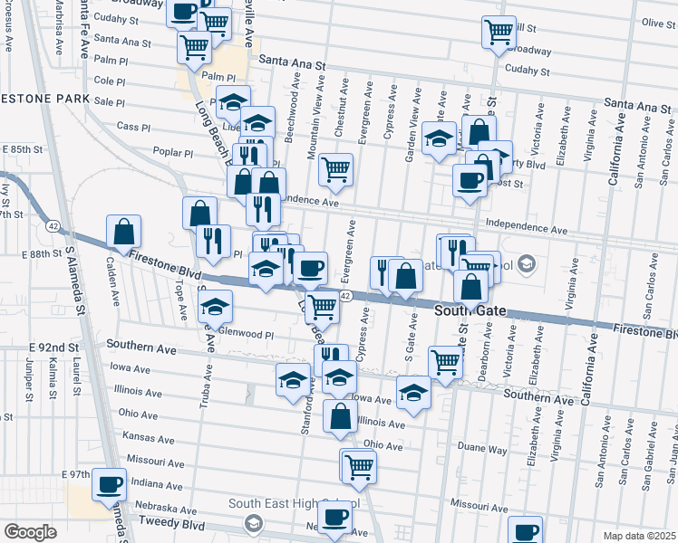 map of restaurants, bars, coffee shops, grocery stores, and more near 8653 Evergreen Avenue in South Gate
