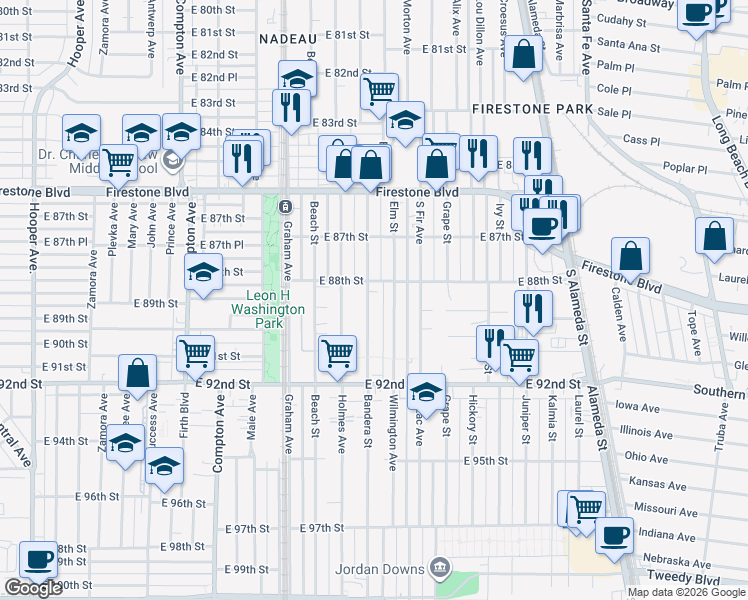 map of restaurants, bars, coffee shops, grocery stores, and more near 1873 East 88th Street in Los Angeles