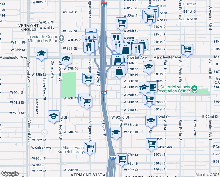 map of restaurants, bars, coffee shops, grocery stores, and more near 333 West 88th Place in Los Angeles