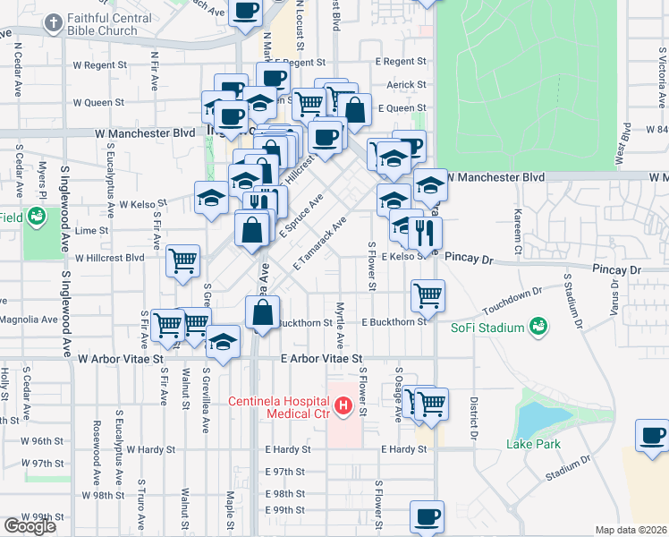 map of restaurants, bars, coffee shops, grocery stores, and more near 611 Myrtle Avenue in Inglewood