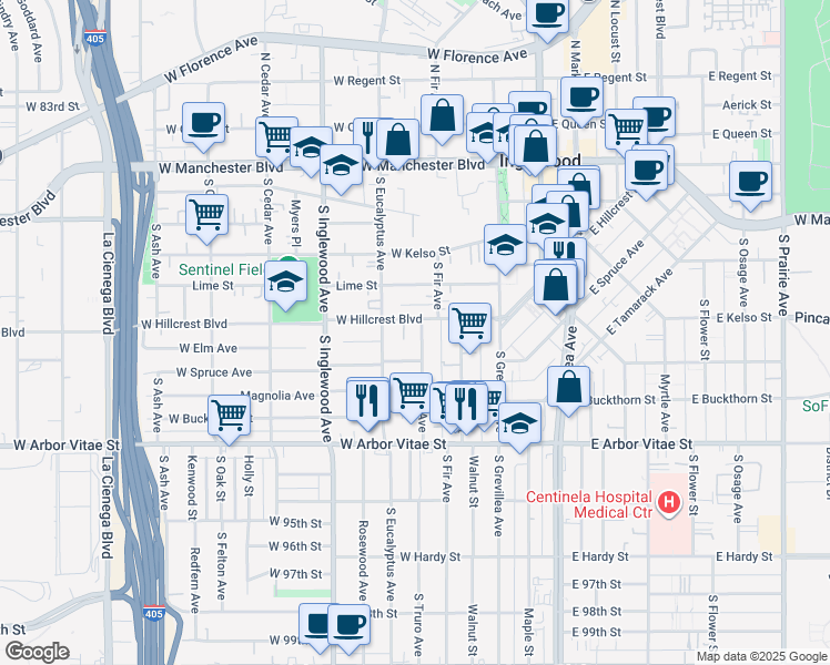 map of restaurants, bars, coffee shops, grocery stores, and more near 521 South Fir Avenue in Inglewood