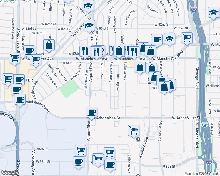 map of restaurants, bars, coffee shops, grocery stores, and more near 8827 Ramsgate Avenue in Los Angeles
