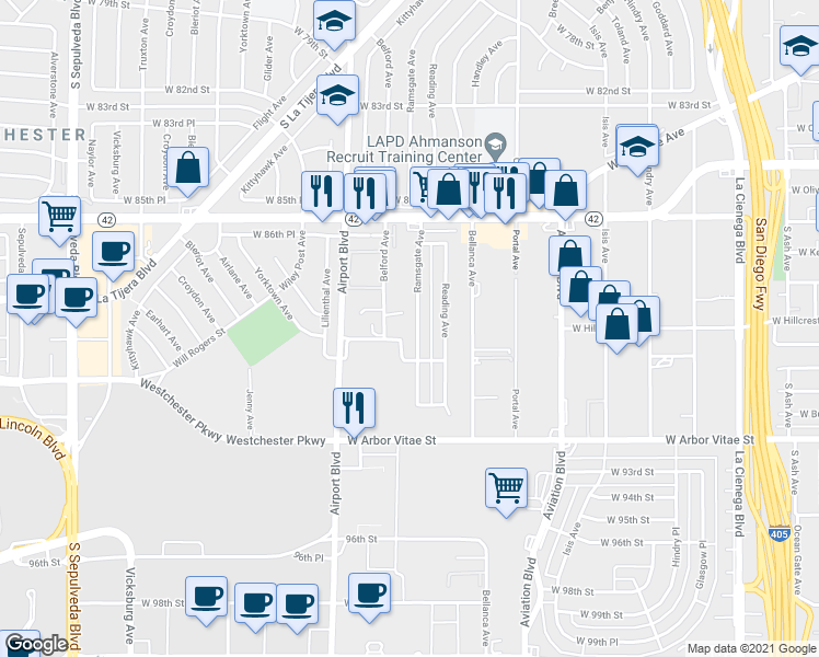 map of restaurants, bars, coffee shops, grocery stores, and more near 8827 Ramsgate Avenue in Los Angeles