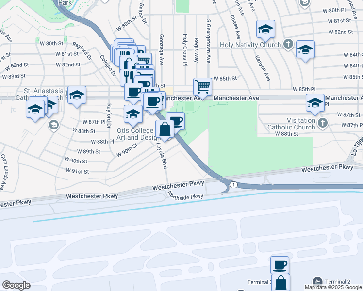 map of restaurants, bars, coffee shops, grocery stores, and more near 9045 Lincoln Boulevard in Los Angeles