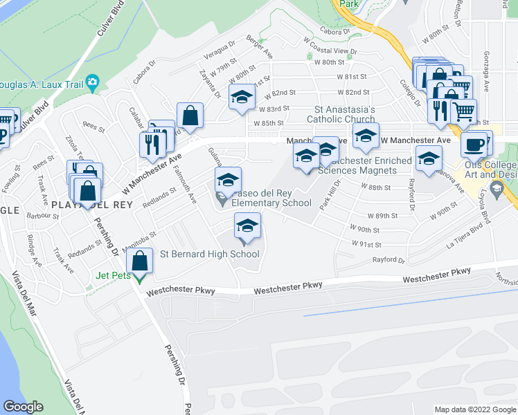 map of restaurants, bars, coffee shops, grocery stores, and more near 8650 Gulana Avenue in Los Angeles