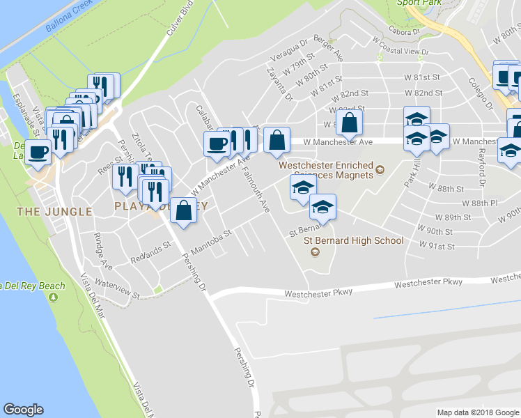 map of restaurants, bars, coffee shops, grocery stores, and more near 8050 Redlands Street in Los Angeles