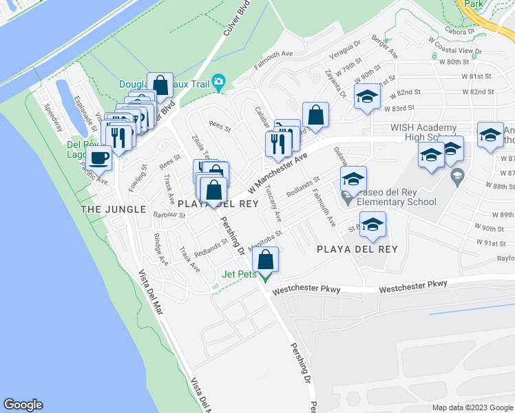 map of restaurants, bars, coffee shops, grocery stores, and more near 8236 West Manchester Avenue in Los Angeles