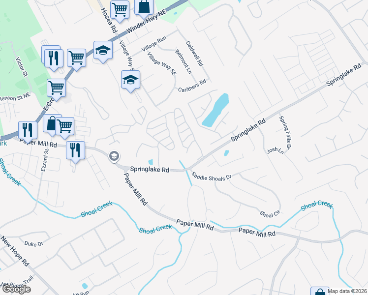 map of restaurants, bars, coffee shops, grocery stores, and more near 130 Springbottom Drive Southeast in Lawrenceville