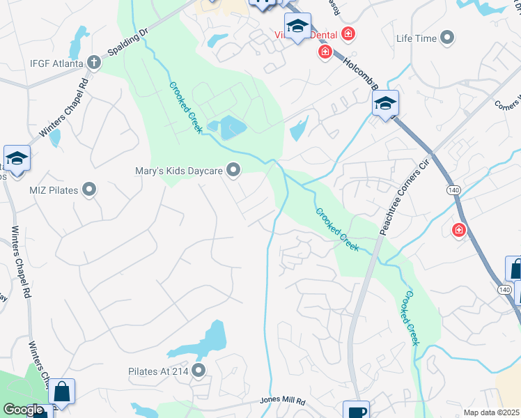 map of restaurants, bars, coffee shops, grocery stores, and more near 3801 Meadow Green Court in Norcross