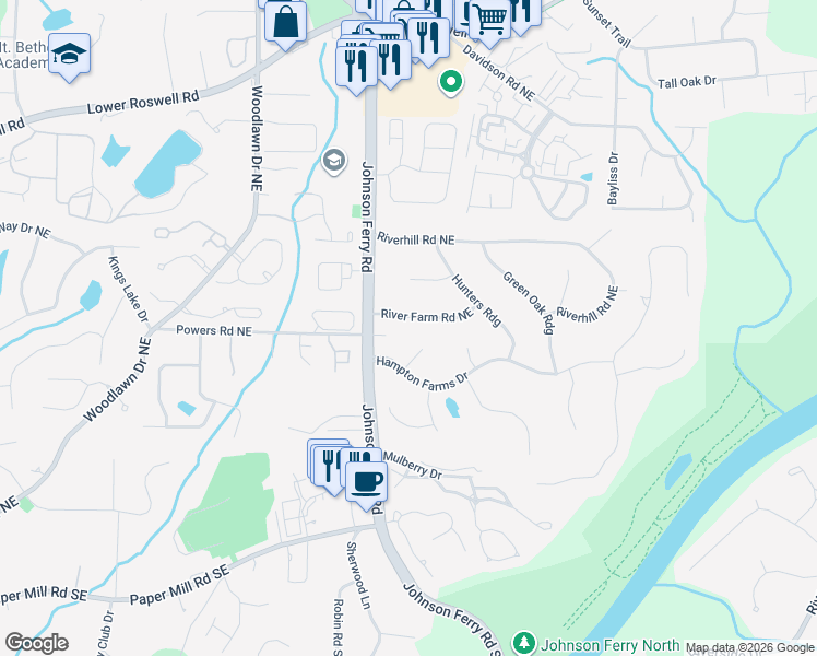 map of restaurants, bars, coffee shops, grocery stores, and more near 4850 River Farm Road Northeast in Marietta