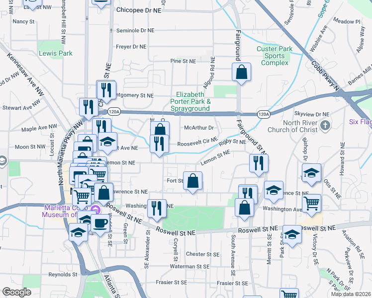 map of restaurants, bars, coffee shops, grocery stores, and more near 365 Roosevelt Circle Northeast in Marietta