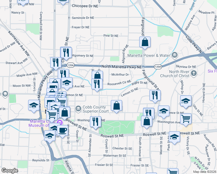 map of restaurants, bars, coffee shops, grocery stores, and more near 365 Roosevelt Circle Northeast in Marietta