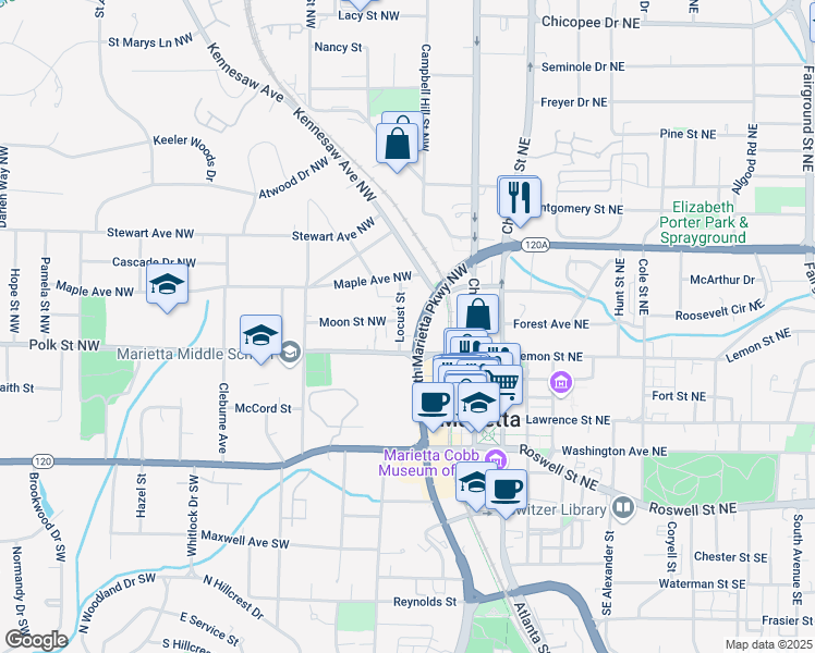 map of restaurants, bars, coffee shops, grocery stores, and more near 194 Locust Street in Marietta