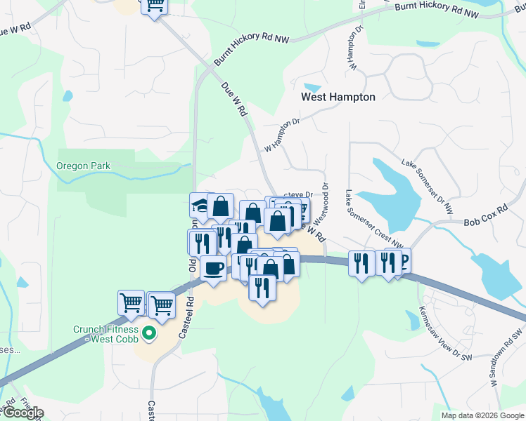 map of restaurants, bars, coffee shops, grocery stores, and more near 100 Whisperwood Lane in Marietta