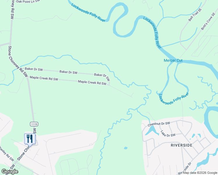 map of restaurants, bars, coffee shops, grocery stores, and more near 197 Maple Creek Road Southwest in Brunswick County