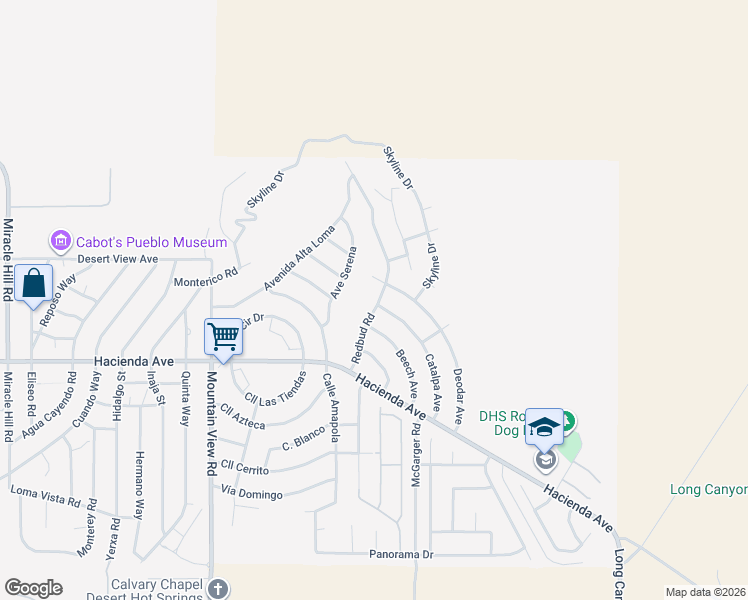 map of restaurants, bars, coffee shops, grocery stores, and more near 12645 Redbud Road in Desert Hot Springs
