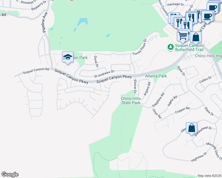 map of restaurants, bars, coffee shops, grocery stores, and more near 16349 Misty Hill Drive in Chino Hills