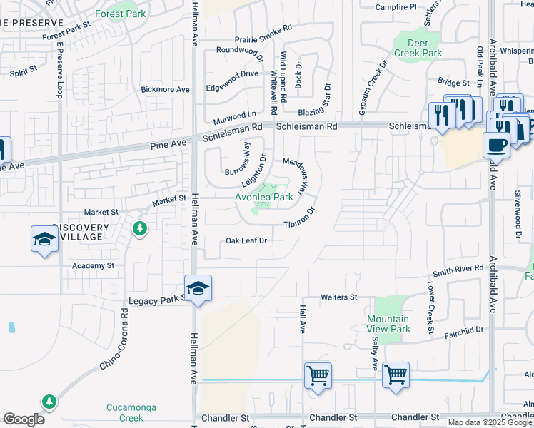 map of restaurants, bars, coffee shops, grocery stores, and more near 14939 Meadows Way in Corona