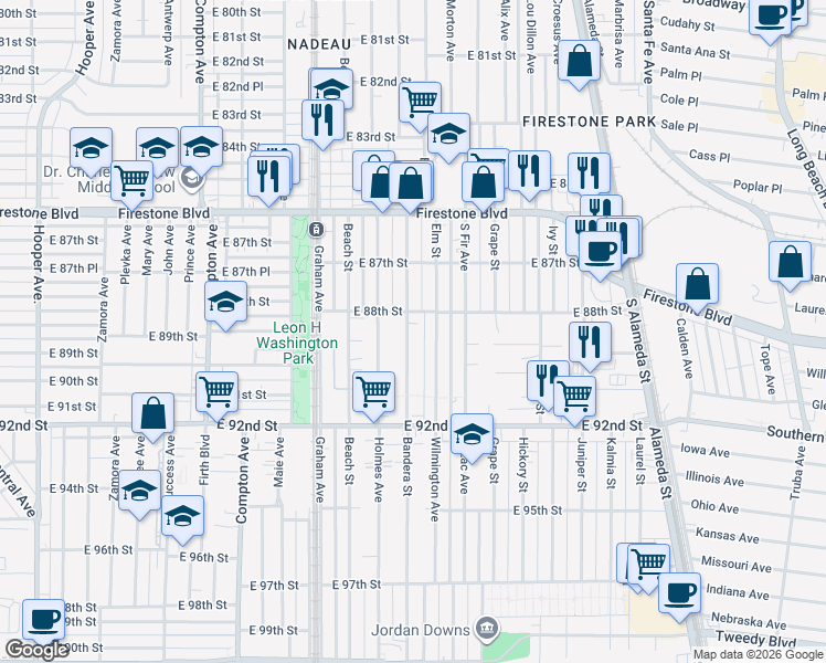 map of restaurants, bars, coffee shops, grocery stores, and more near 1873 East 88th Street in Los Angeles