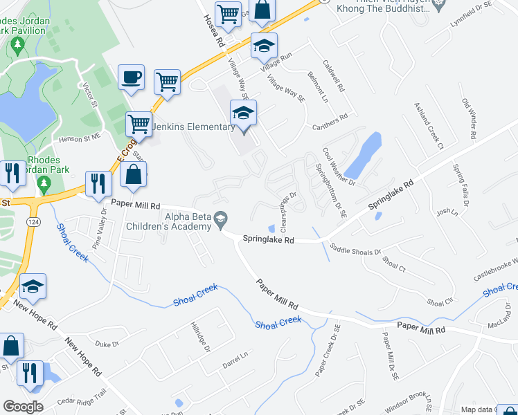 map of restaurants, bars, coffee shops, grocery stores, and more near 148 Spring Walk Way in Lawrenceville