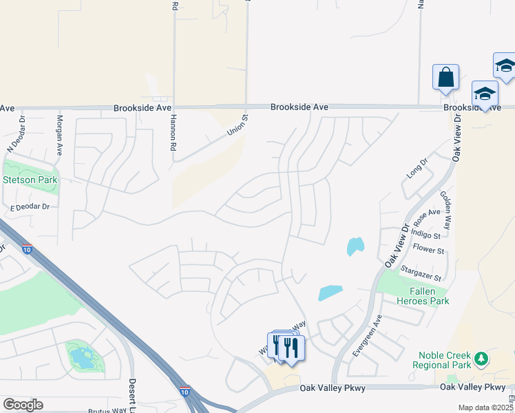map of restaurants, bars, coffee shops, grocery stores, and more near 936 Avenal Way in Beaumont