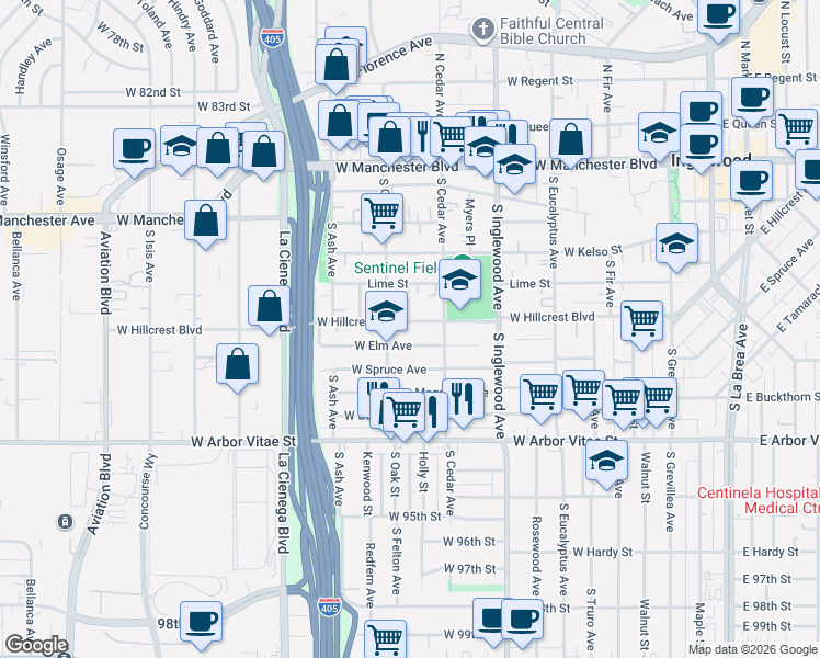 map of restaurants, bars, coffee shops, grocery stores, and more near 528 West Hillcrest Boulevard in Inglewood