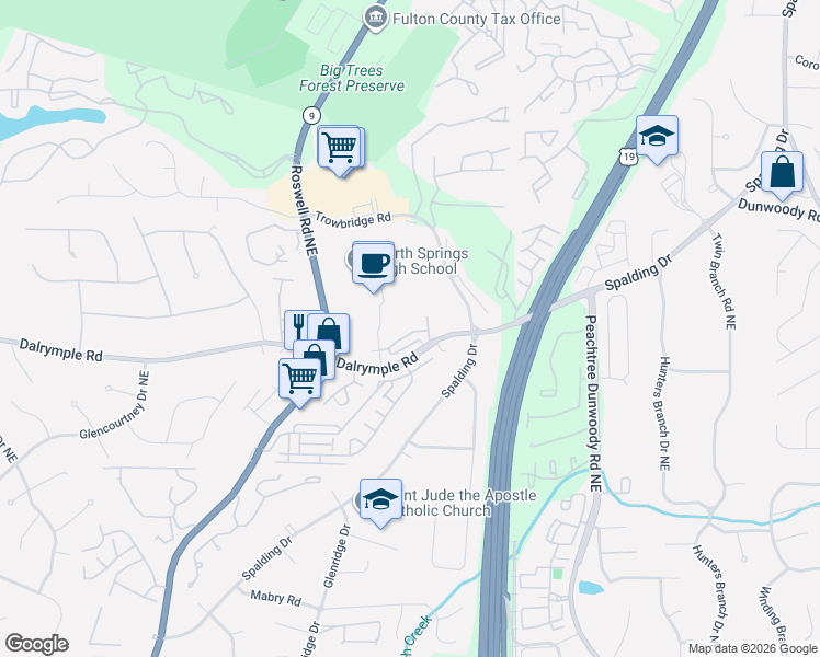 map of restaurants, bars, coffee shops, grocery stores, and more near 750 Dalrymple Road in Atlanta