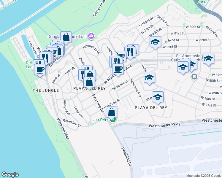 map of restaurants, bars, coffee shops, grocery stores, and more near 8236 West Manchester Avenue in Los Angeles