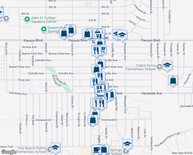 map of restaurants, bars, coffee shops, grocery stores, and more near 12695 Palm Drive in Desert Hot Springs