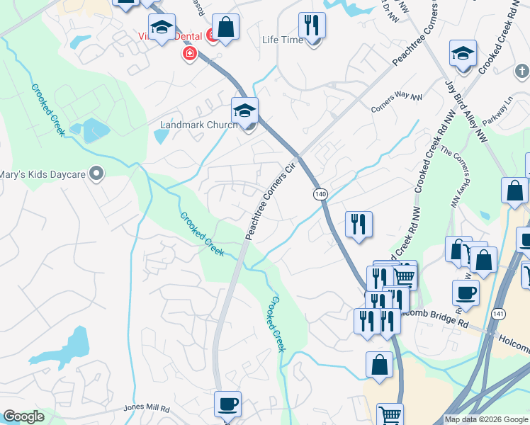 map of restaurants, bars, coffee shops, grocery stores, and more near 6369 Brandywine Trail in Norcross
