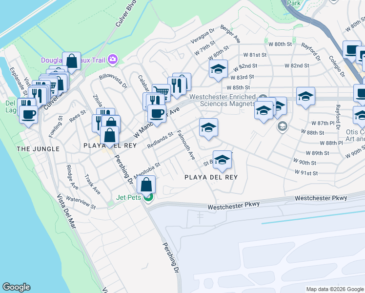 map of restaurants, bars, coffee shops, grocery stores, and more near 8635 Falmouth Avenue in Los Angeles