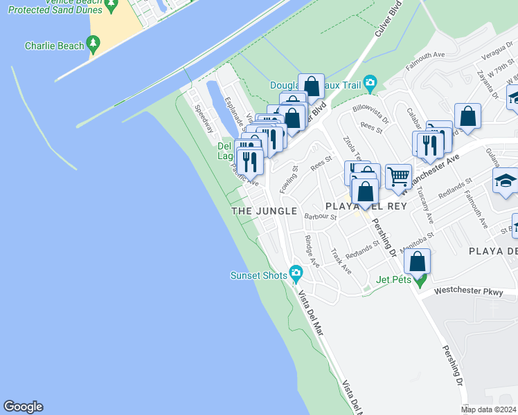 map of restaurants, bars, coffee shops, grocery stores, and more near 124 Montreal Street in Los Angeles