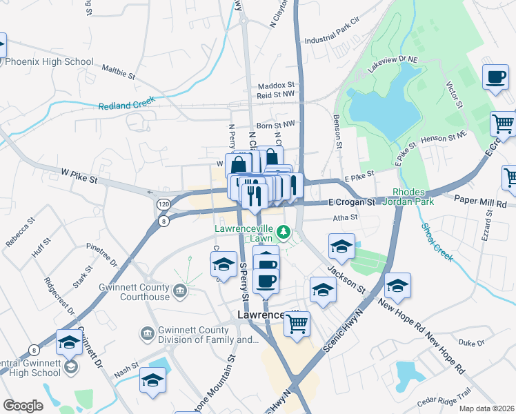 map of restaurants, bars, coffee shops, grocery stores, and more near 0 Highway 8 in Lawrenceville