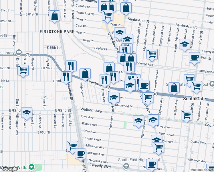 map of restaurants, bars, coffee shops, grocery stores, and more near 8835 Santa Fe Avenue in South Gate