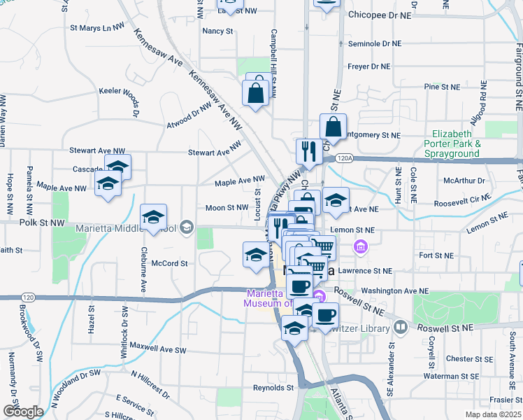 map of restaurants, bars, coffee shops, grocery stores, and more near 194 Locust Street in Marietta