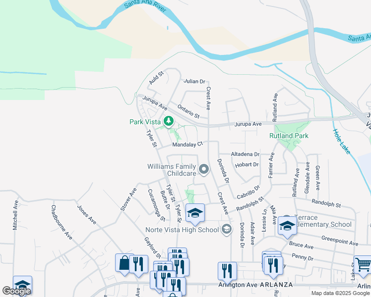 map of restaurants, bars, coffee shops, grocery stores, and more near 10221 Mandalay Court in Riverside
