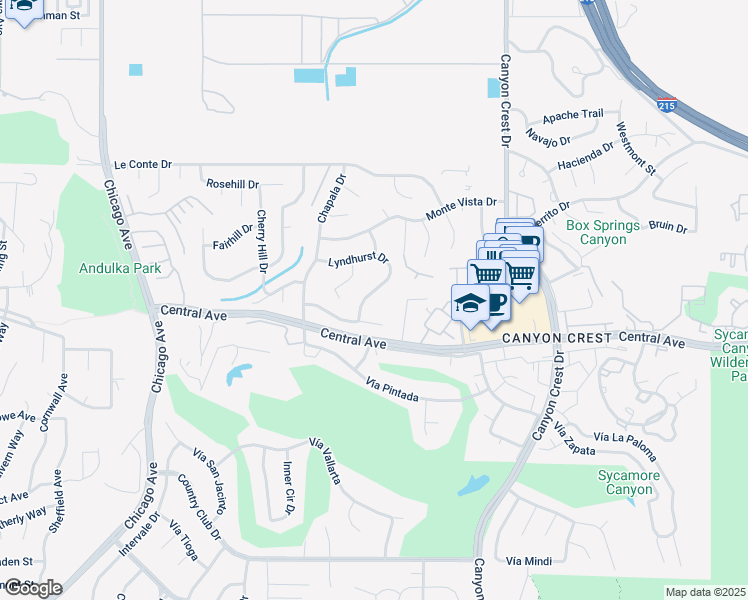 map of restaurants, bars, coffee shops, grocery stores, and more near 1169 Lyndhurst Drive in Riverside