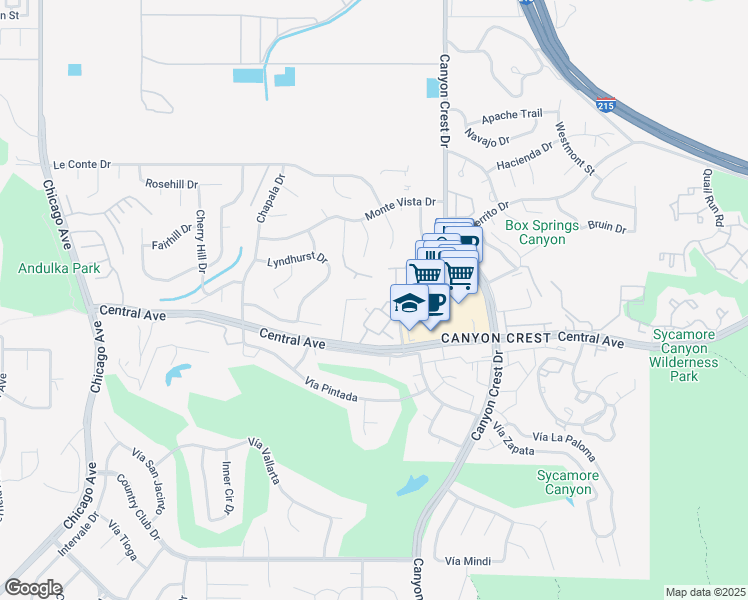 map of restaurants, bars, coffee shops, grocery stores, and more near 5202 Wainwright Court in Riverside