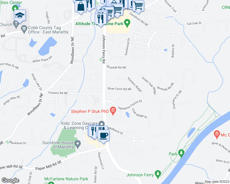 map of restaurants, bars, coffee shops, grocery stores, and more near 4850 River Farm Road Northeast in Marietta