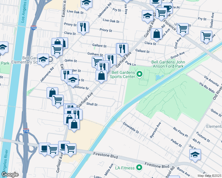 map of restaurants, bars, coffee shops, grocery stores, and more near 6039 Buell Street in Bell Gardens