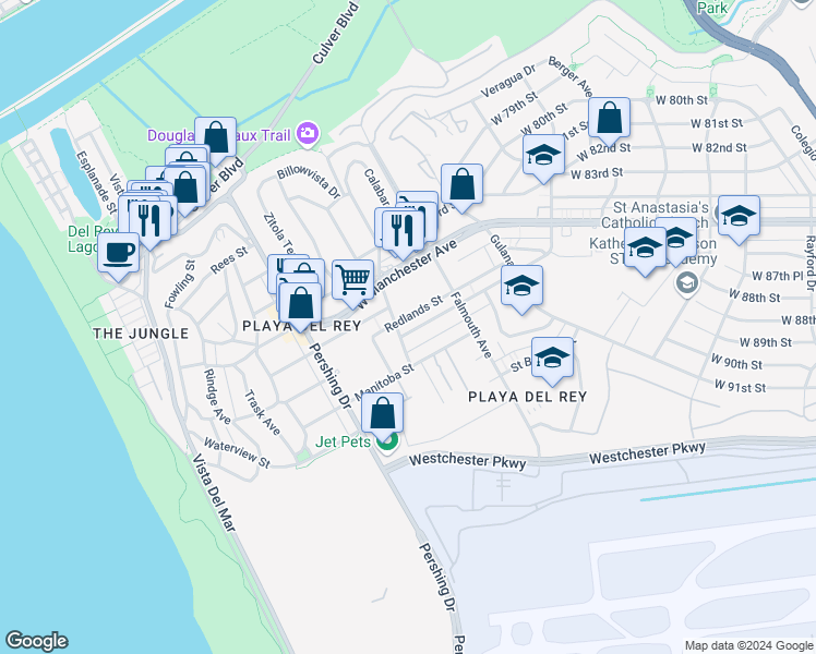 map of restaurants, bars, coffee shops, grocery stores, and more near 8163 Redlands Street in Los Angeles